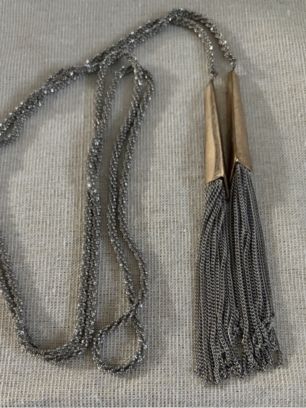 Long Silver Tassel Lariat Necklace with Gold Accents - Picture 4 of 4